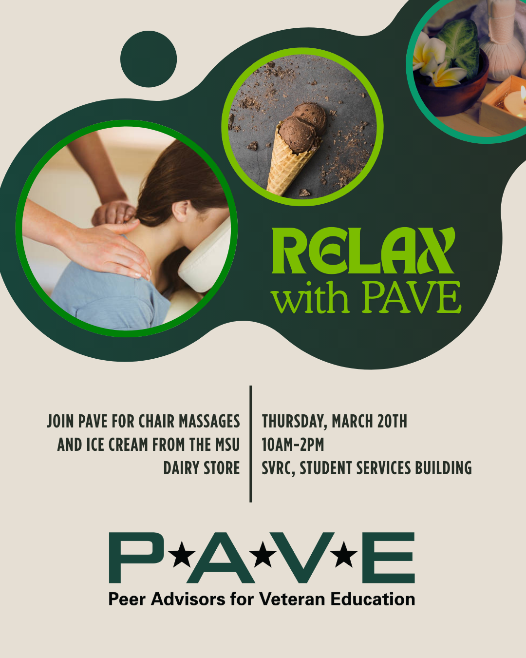 Flyer showing the details of the march 20th massage and ice cream event