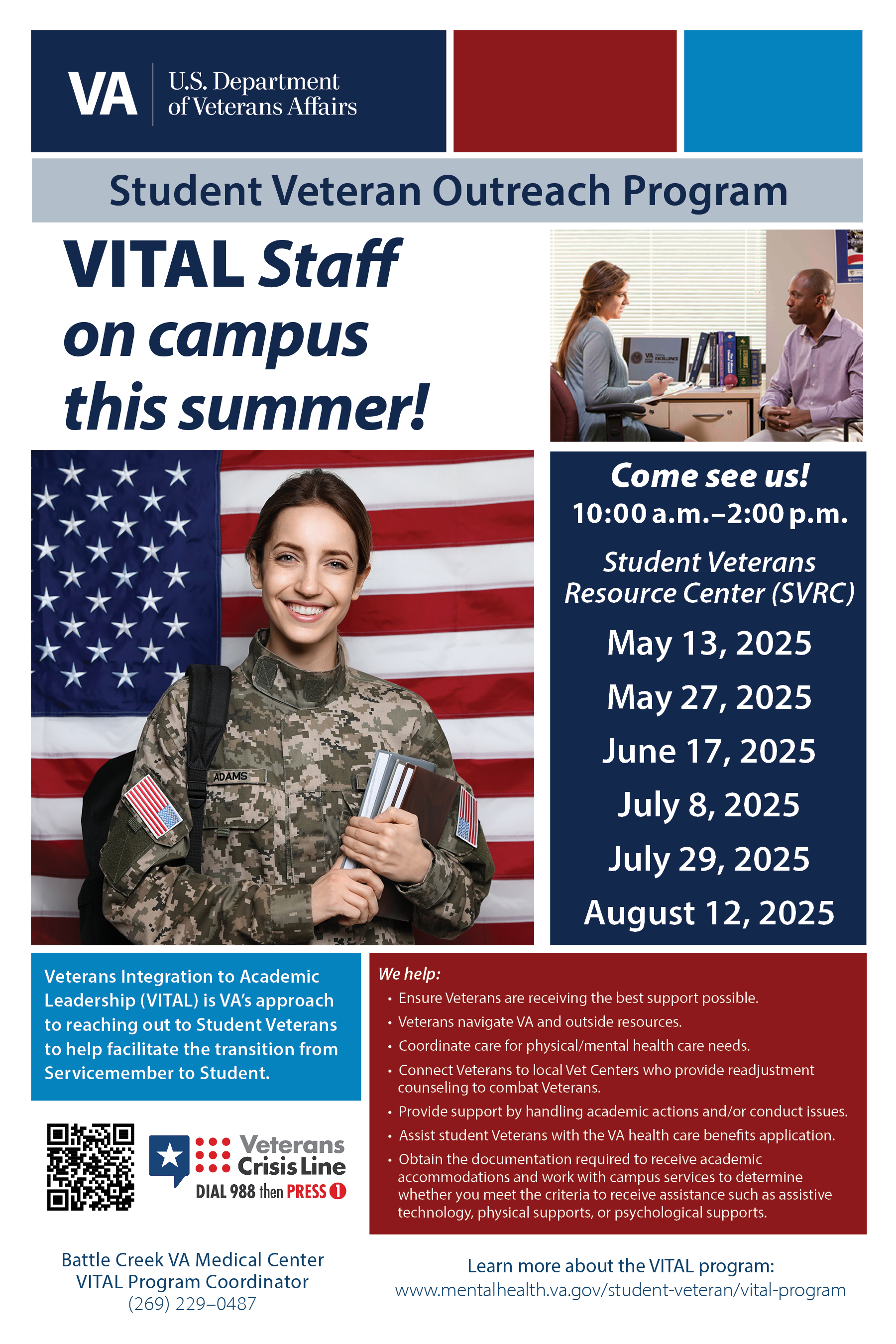 military student in front of U.S. Flag with the dates to meet with VA Vital at the CVMAS from 10 am to 2 pm may 13, may 27, June 17, July 8, July 29, and August 12 2025.