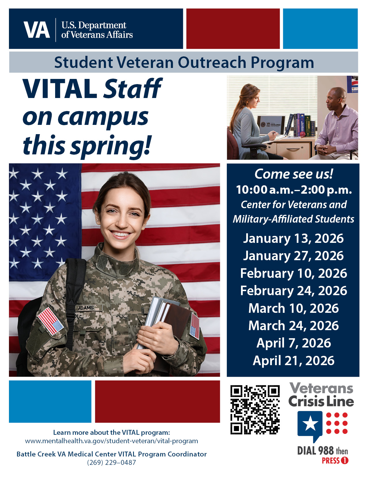 military student in front of U.S. Flag with the dates to meet with VA Vital at the CVMAS from 10 am to 2 pm may 13, may 27, June 17, July 8, July 29, and August 12 2025.