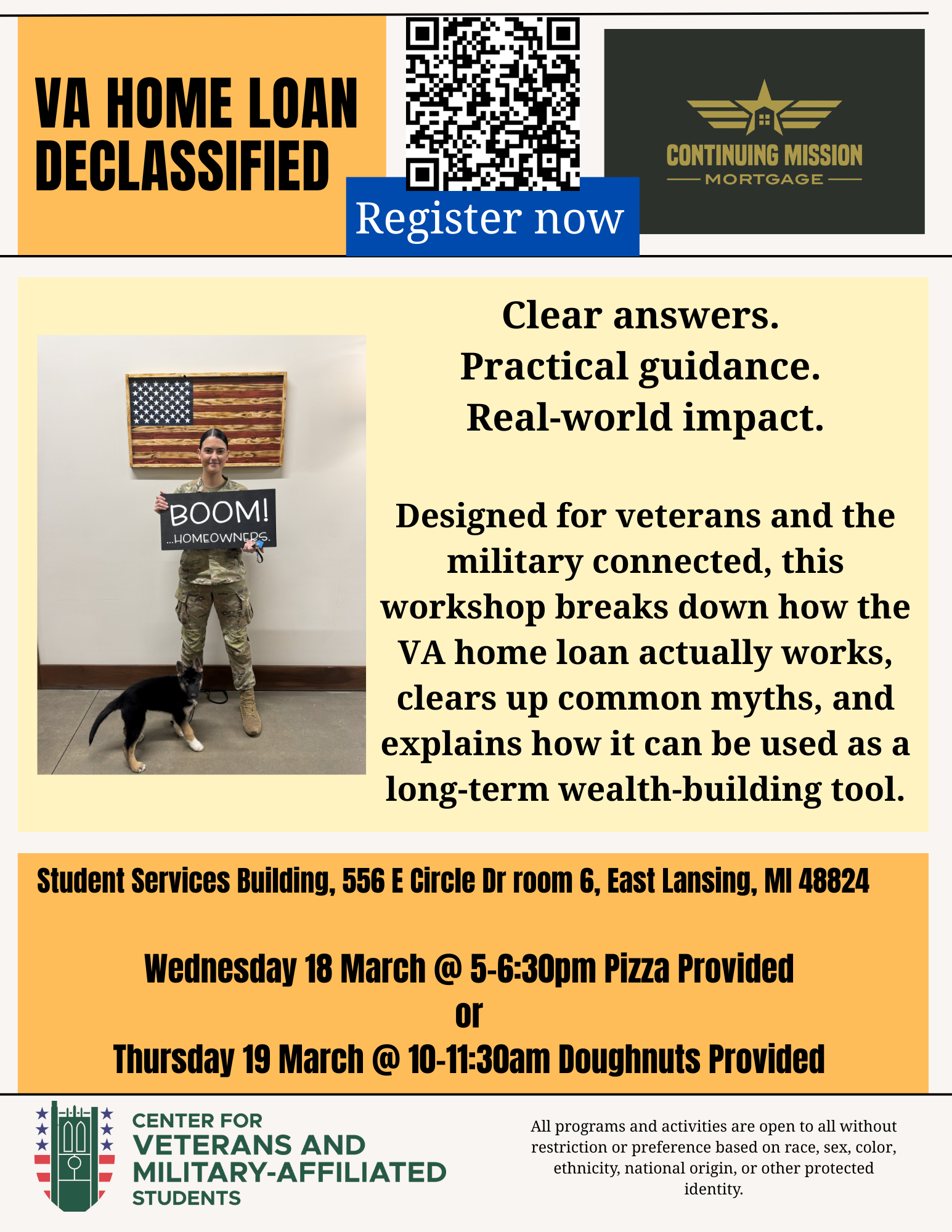 flyer presenting event description and times and dates with a female servicemember in military attire holing a sign that reads "BOOM! Homeowners" with a brown dowg standing in front of her.