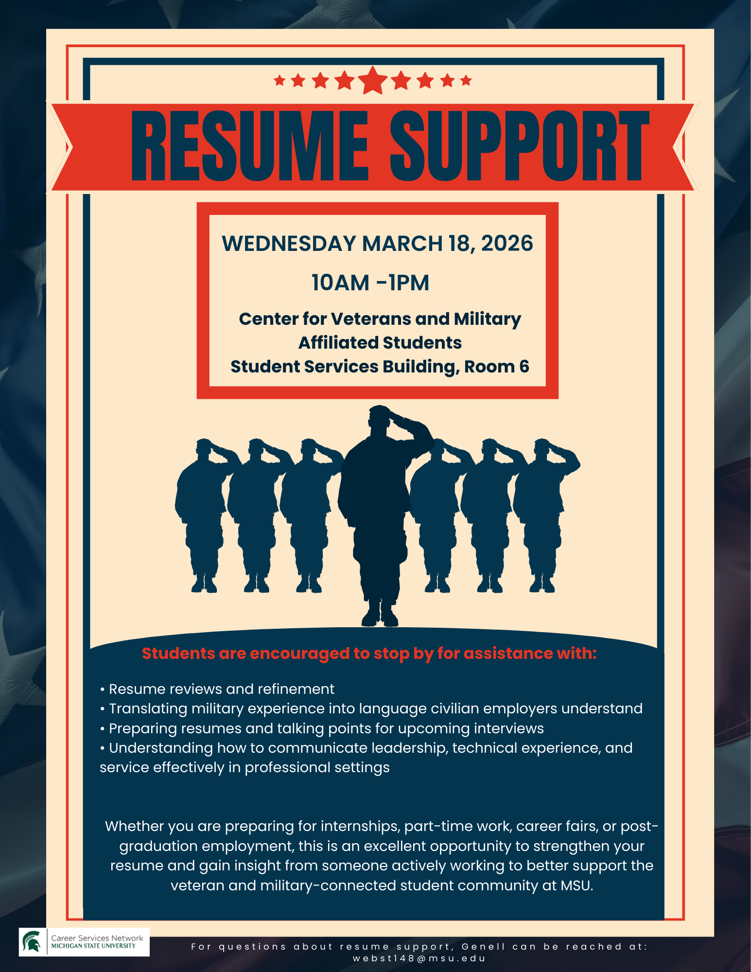 flyer presenting event description and times with shadow image of soldiers