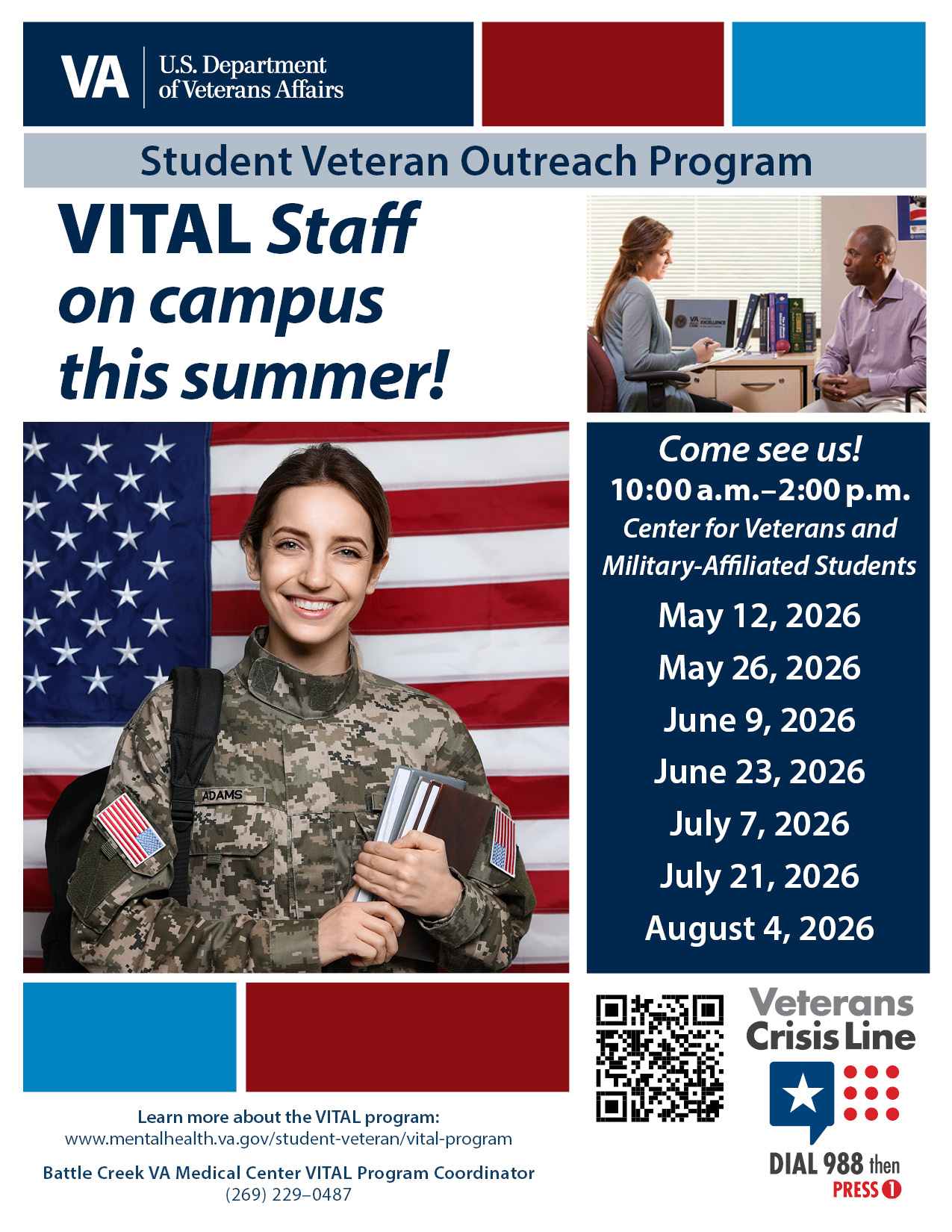 flyer with a student in military uniform in front of U.S. flag with VA Vital hours and schedule