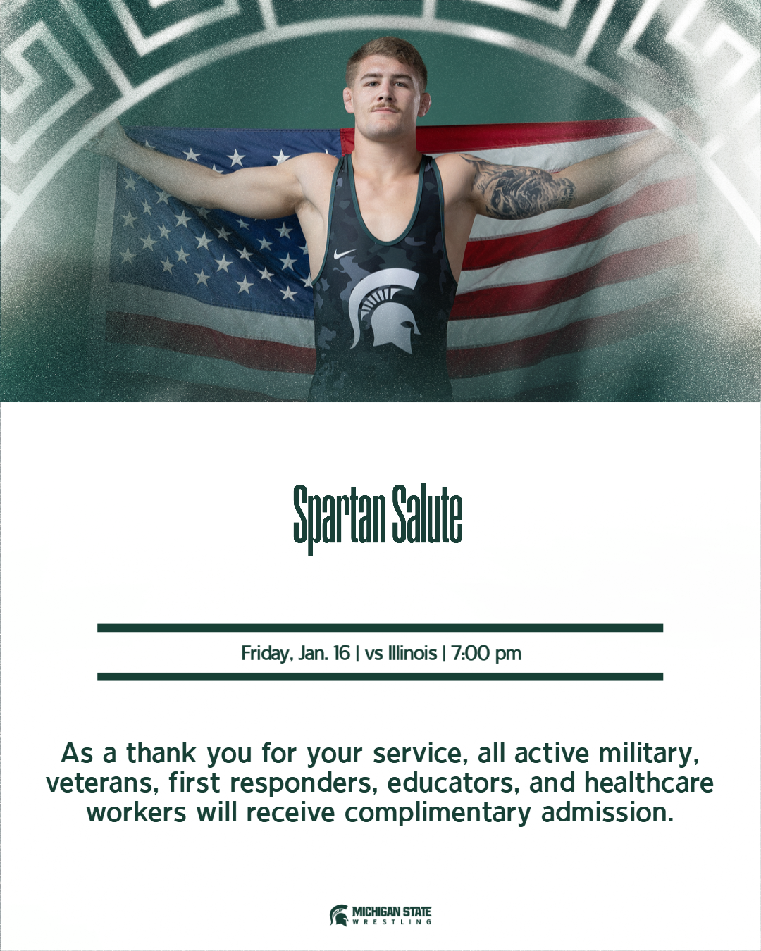 Graphic showing the that MSU Wrestling is allowing free admission to military and veterans on January 18th, 2026